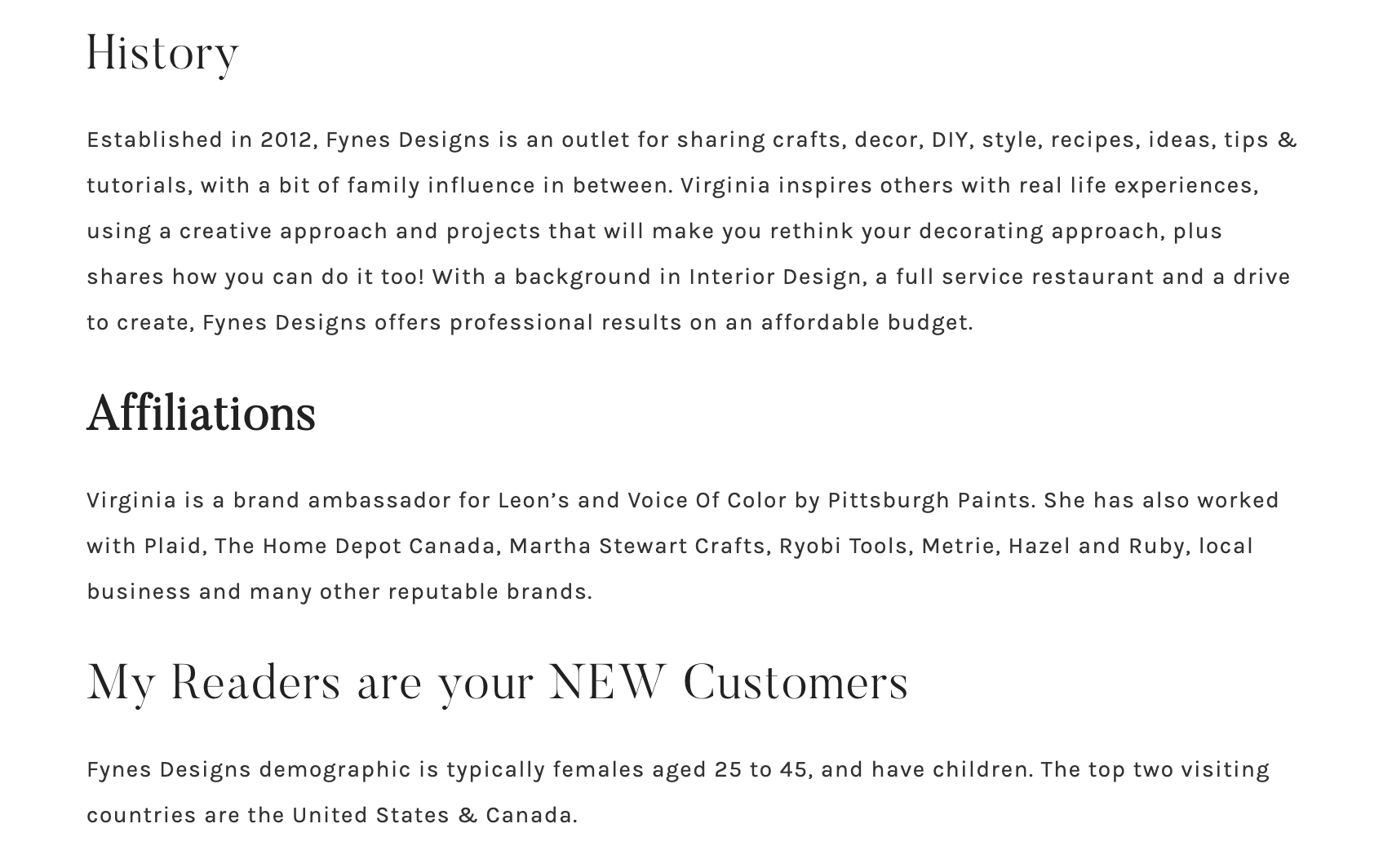 Un kit de medios en la sección Acerca de, que incluye información sobre el público objetivo de la marca.