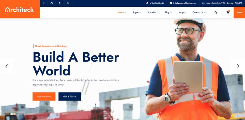Architek 建筑公司 WordPress 主题演示页面的屏幕截图。