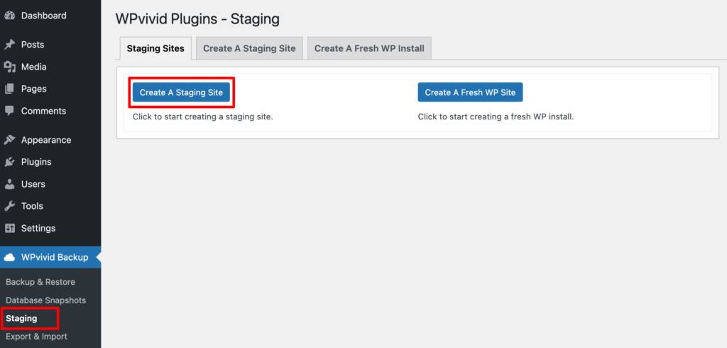 Questa immagine mostra il pulsante "Crea un sito di staging" nel plugin WPvivid
