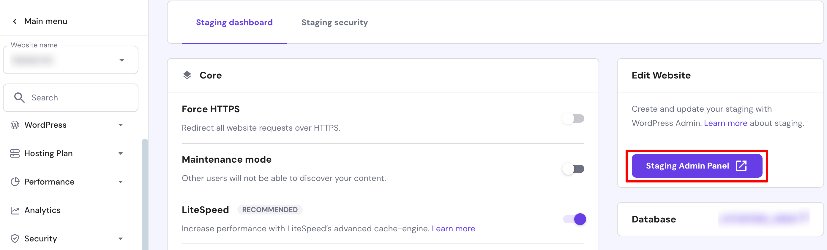Pulsante per accedere alla dashboard del sito di staging