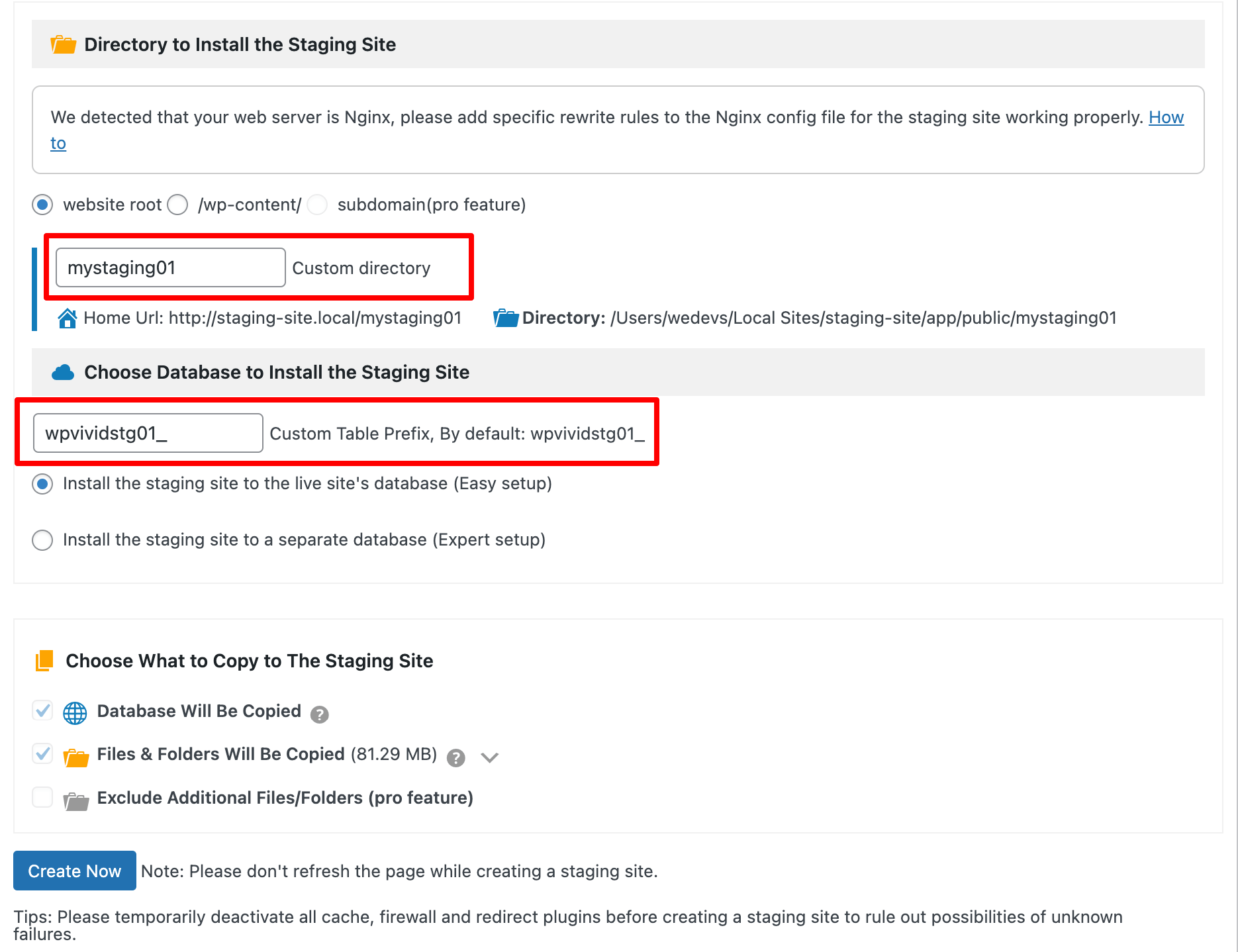 Configurazione del plugin WPvivid prima di creare un sito di staging
