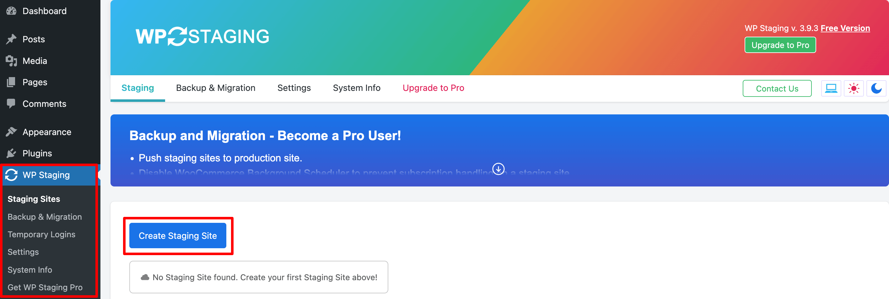 Questa immagine mostra l'opzione "Crea sito di staging".