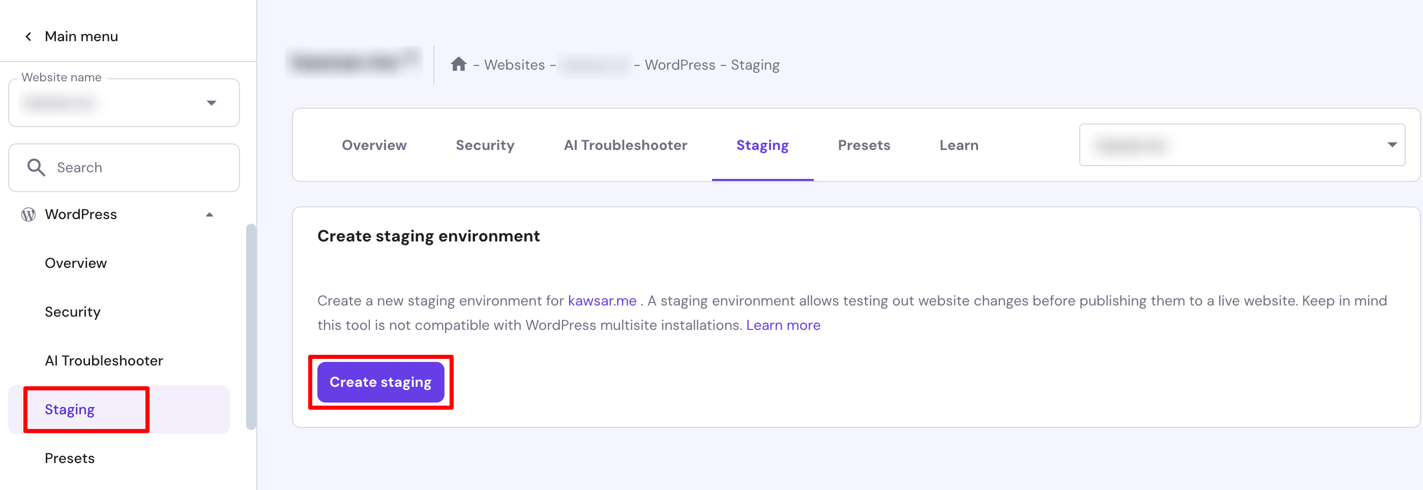 Questa immagine mostra l'opzione Crea staging in Hostinger