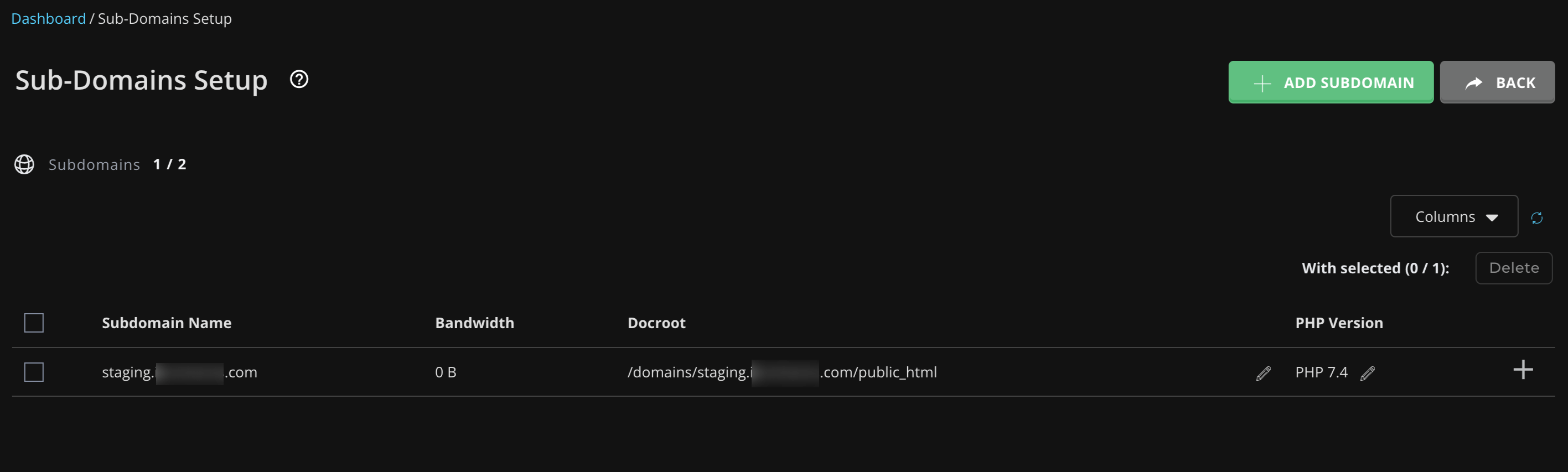 Elenco dei sottodomini nel cPanel