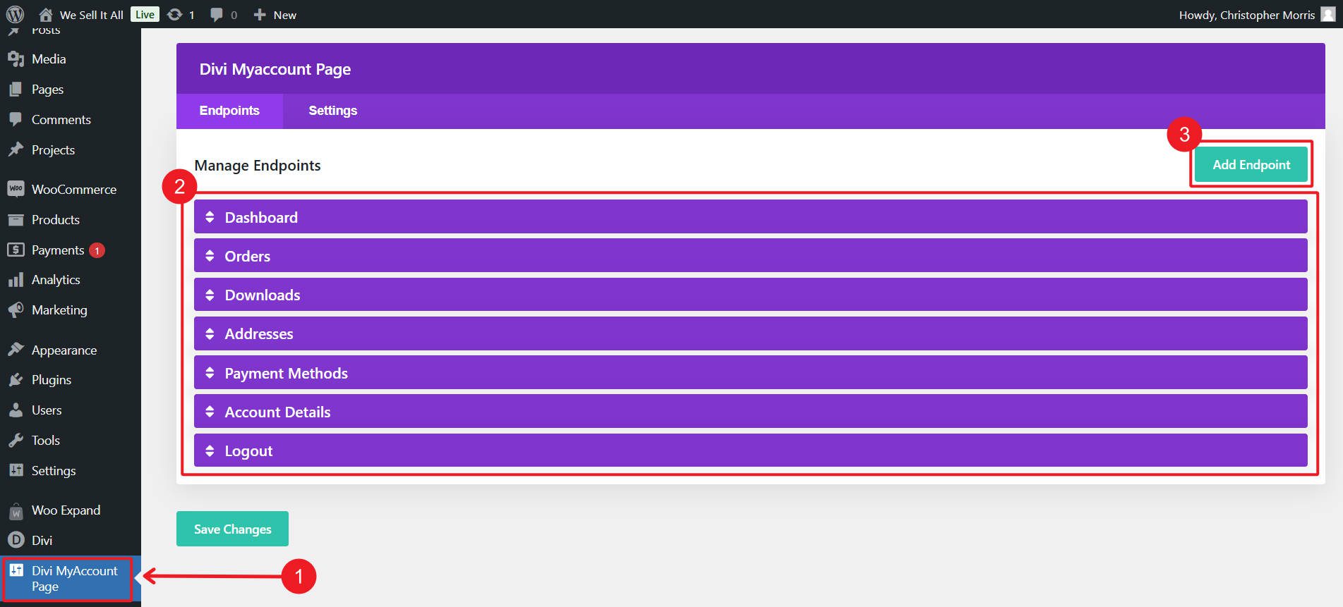 Divi MyAccount 페이지 설정 엔드포인트