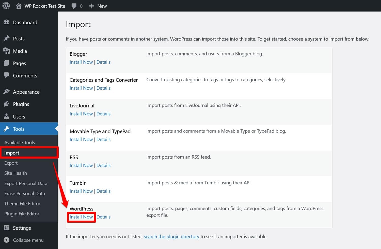 ติดตั้งตัวนำเข้า WordPress