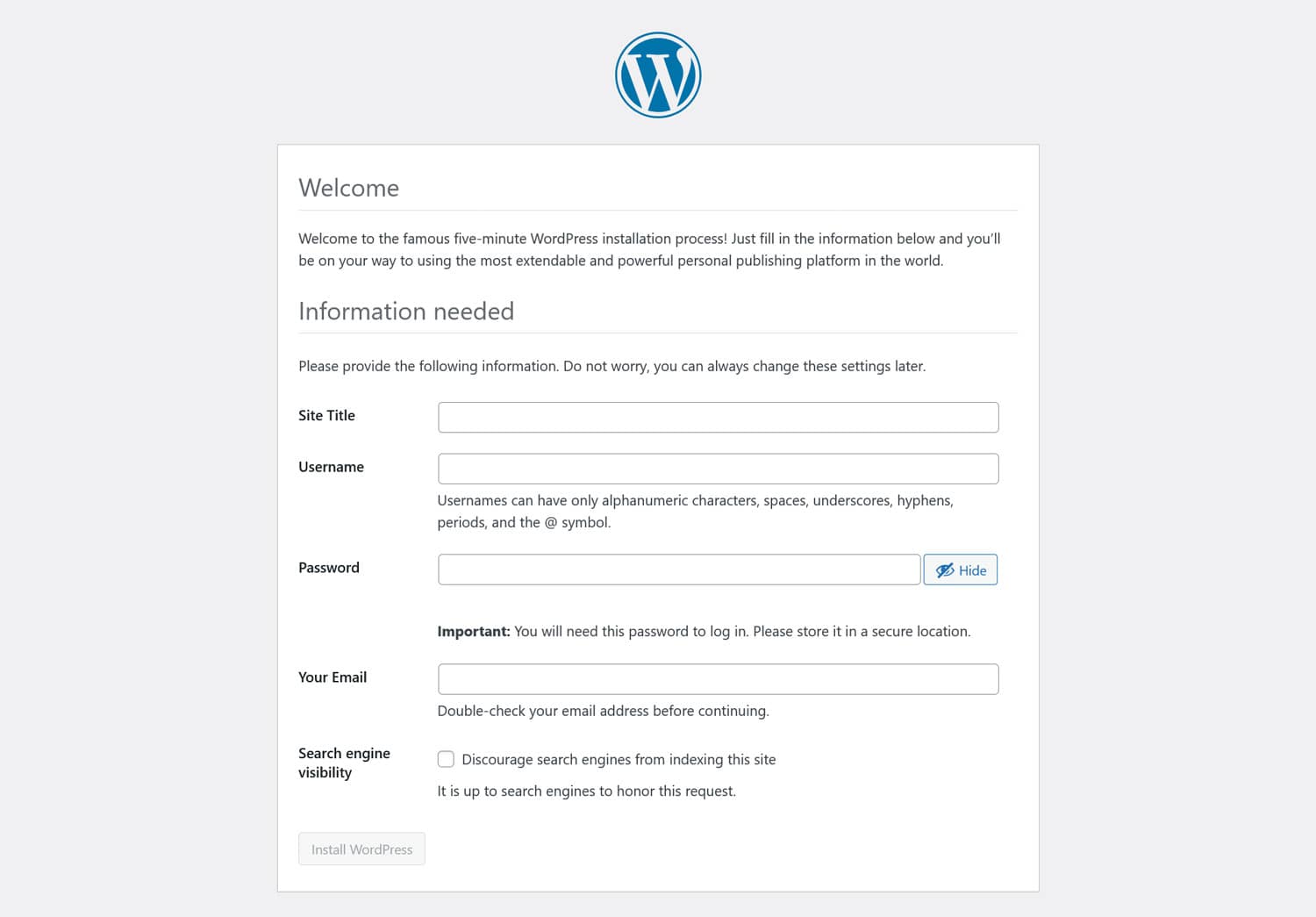 เมนูการติดตั้ง WordPress