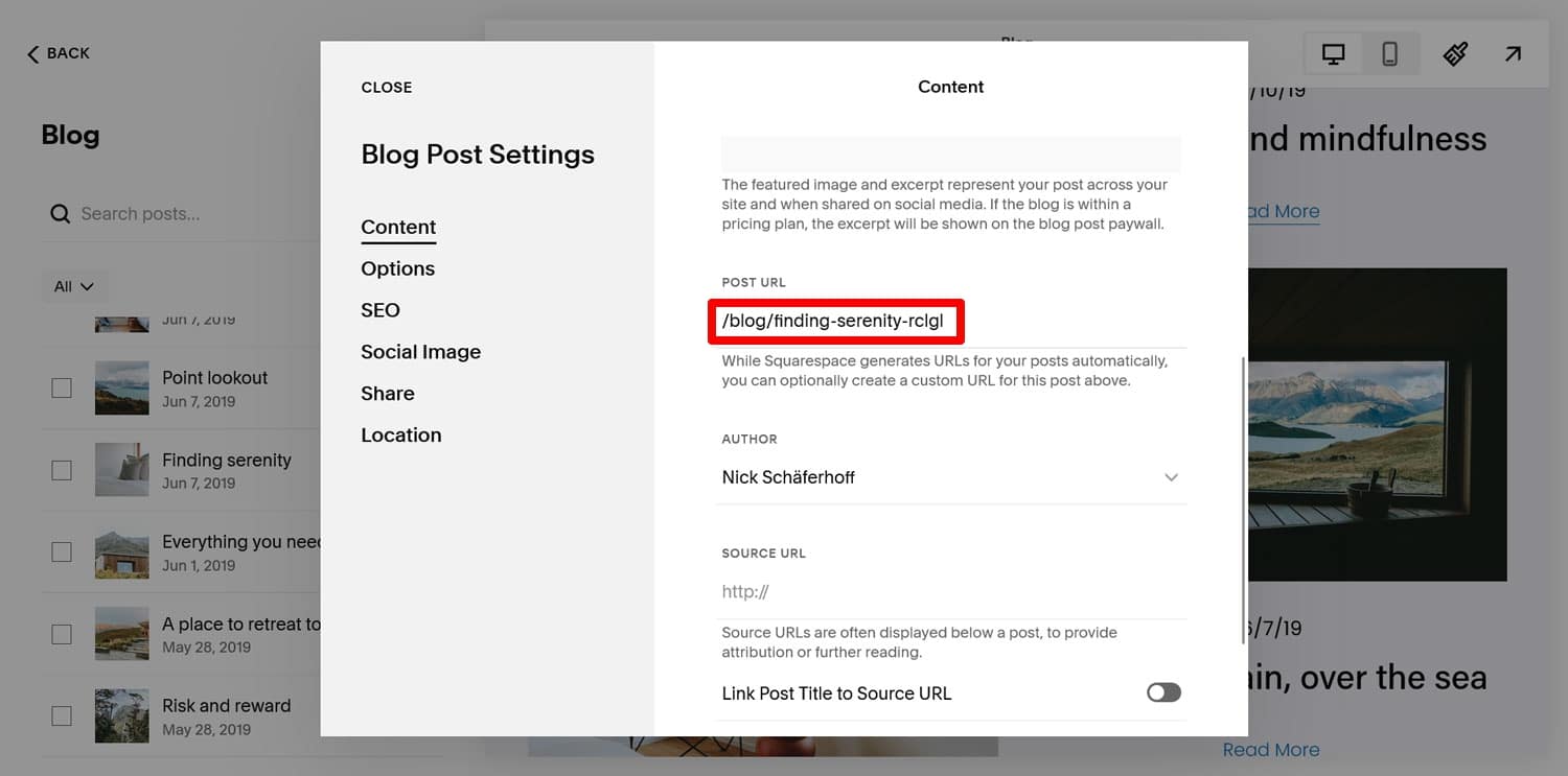 ตัวอย่างพารามิเตอร์ลิงก์ถาวร Squarespace