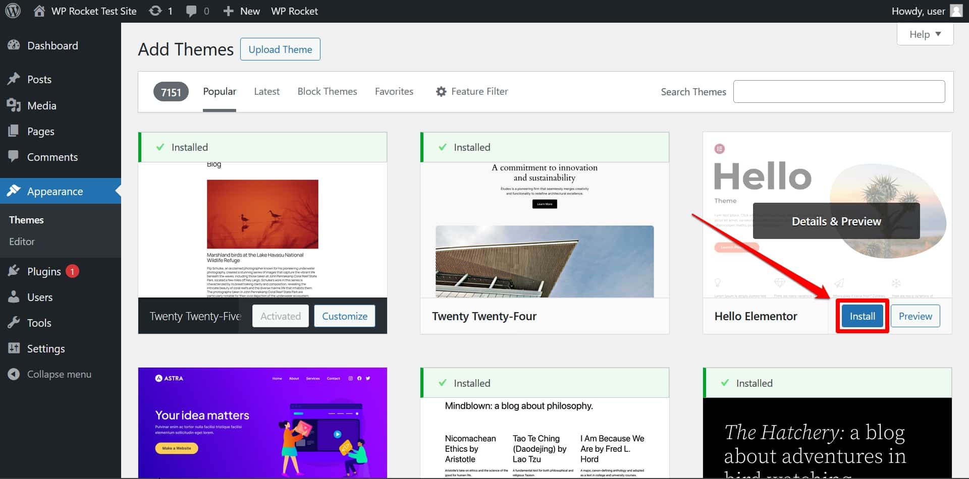 ติดตั้งธีมในแบ็คเอนด์ WordPress