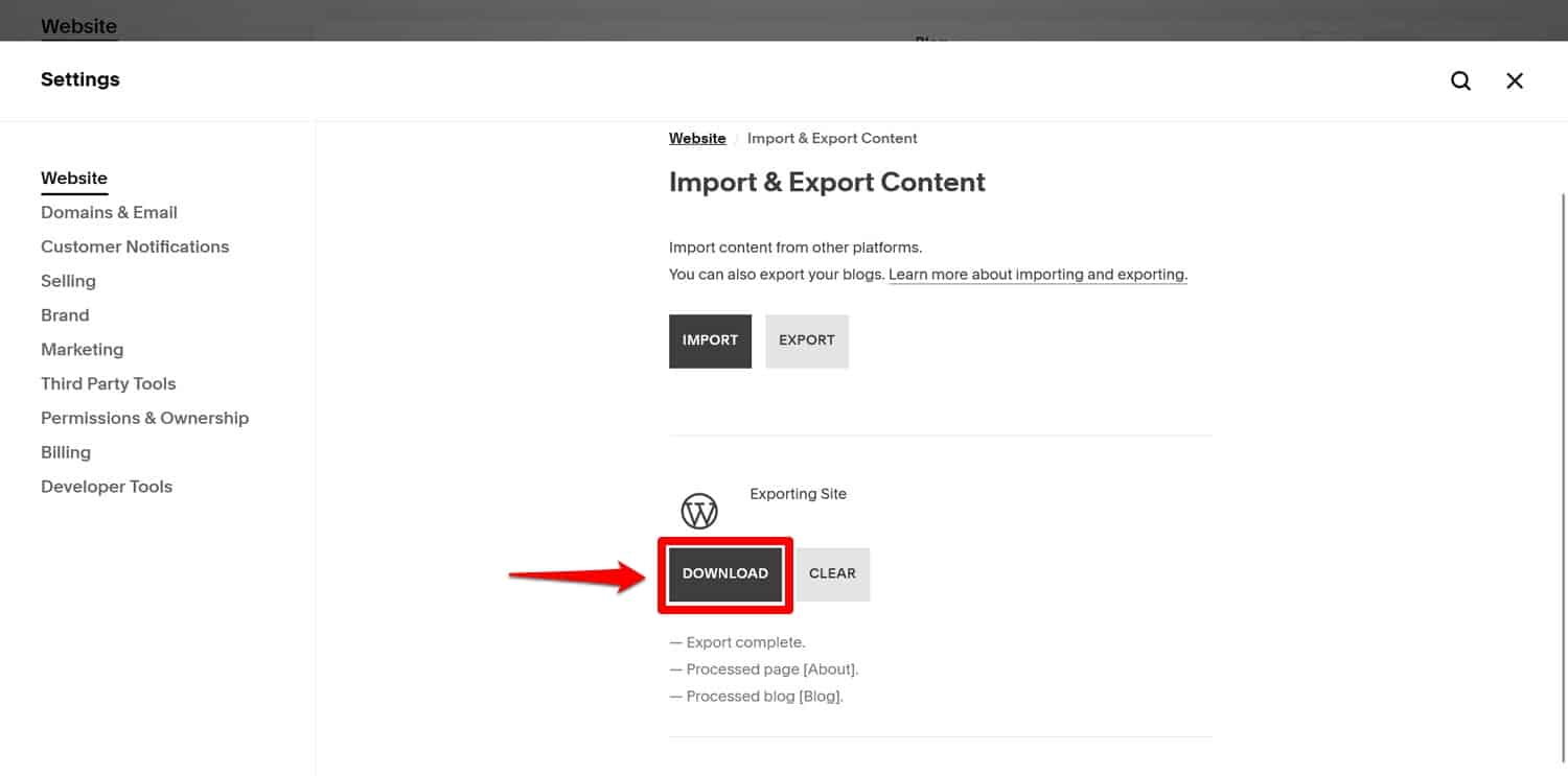 ดาวน์โหลดไฟล์ Squarespace XML หลังจากการส่งออกเสร็จสิ้น