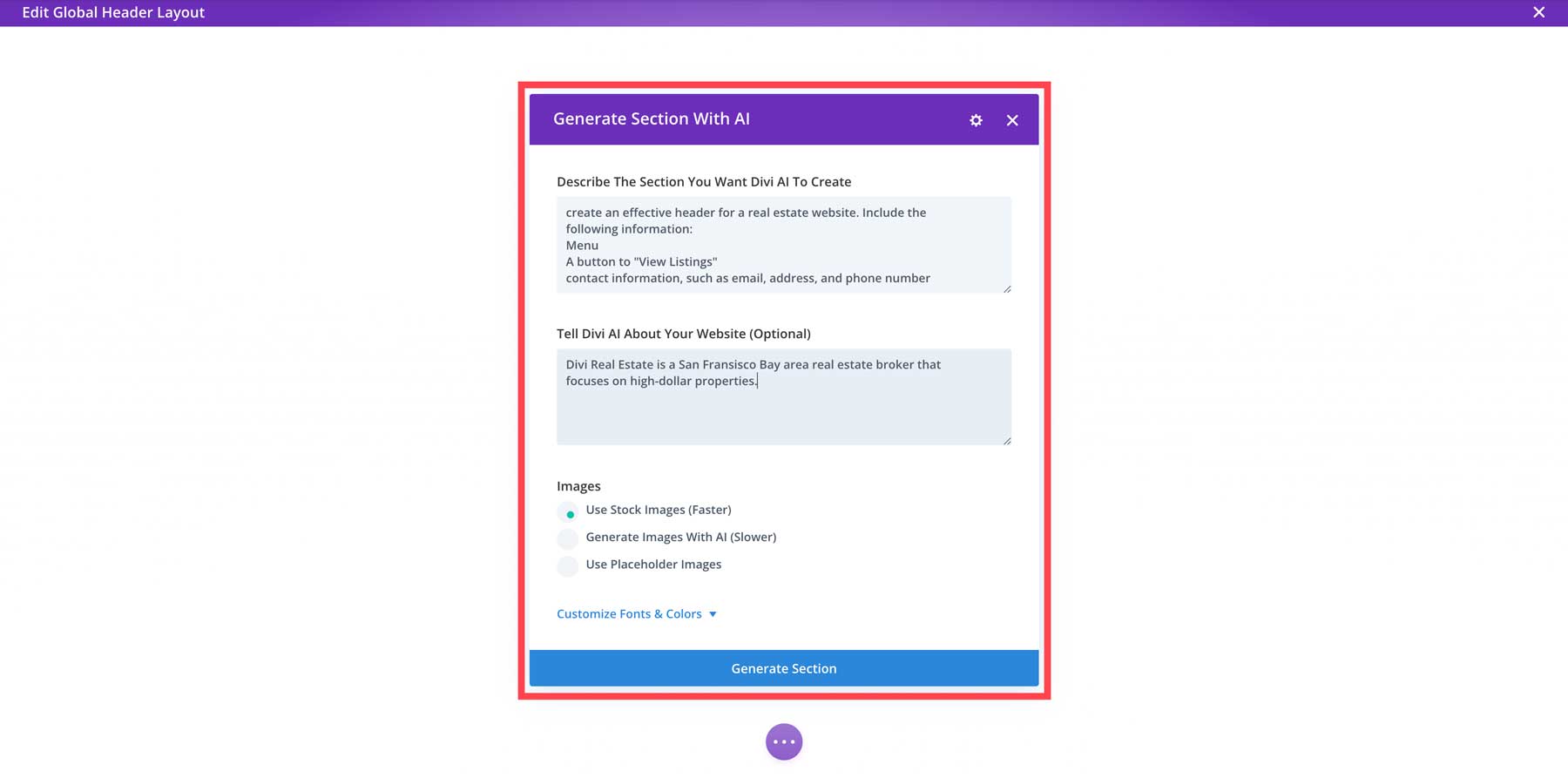 menghasilkan header dengan Divi AI