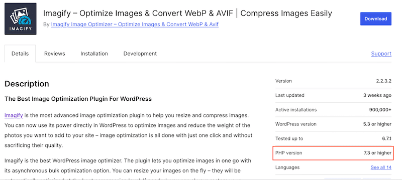 ตรวจสอบเวอร์ชัน PHP ที่ต้องการก่อนติดตั้งในปลั๊กอิน - ที่มา: ที่เก็บ WordPress