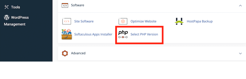 เมนูย่อยซอฟต์แวร์เพื่ออัปเดตเวอร์ชัน PHP ปัจจุบัน - ที่มา: cPanel