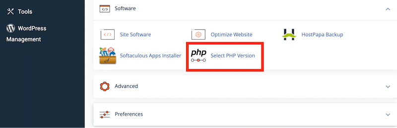 เมนูย่อยซอฟต์แวร์เพื่อตรวจสอบเวอร์ชัน PHP ปัจจุบัน - ที่มา: cPanel