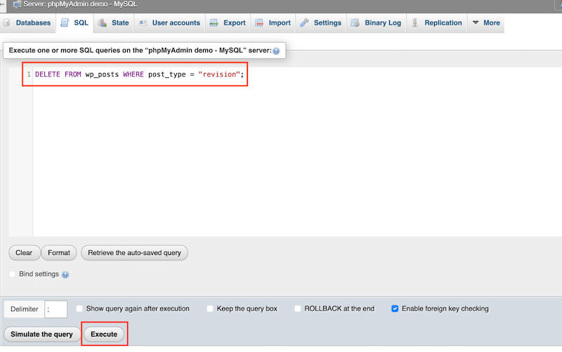 Последняя кнопка для выполнения запроса – Источник: phpMyAdmin