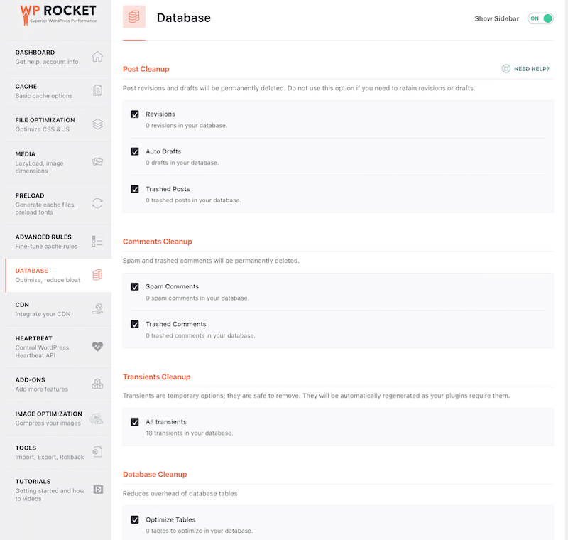 Изменения и оптимизация базы данных с помощью WP Rocket – Источник: WP Rocket