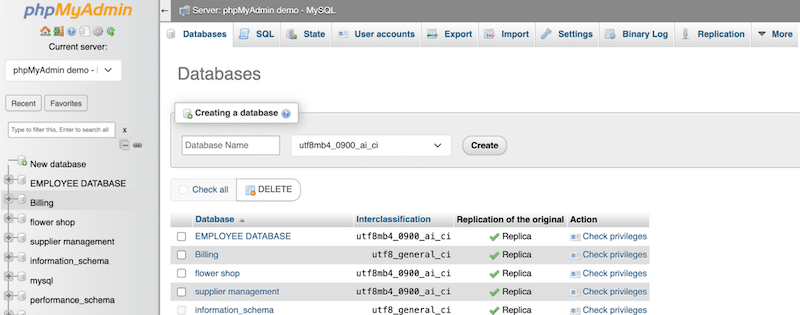 Поиск базы данных, соответствующей моему сайту WordPress. Источник: phpMyAdmin.
