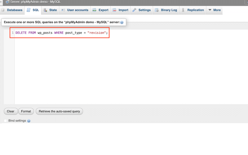 Фрагмент кода для удаления ревизий WordPress из базы данных — Источник: phpMyAdmin