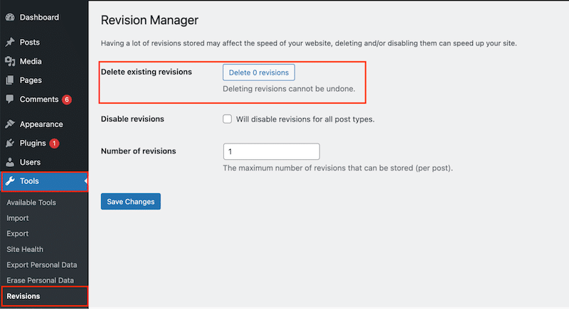 Удаление редакций WordPress с помощью Companion Revision Manager. Источник: плагин Companion Revision Manager.