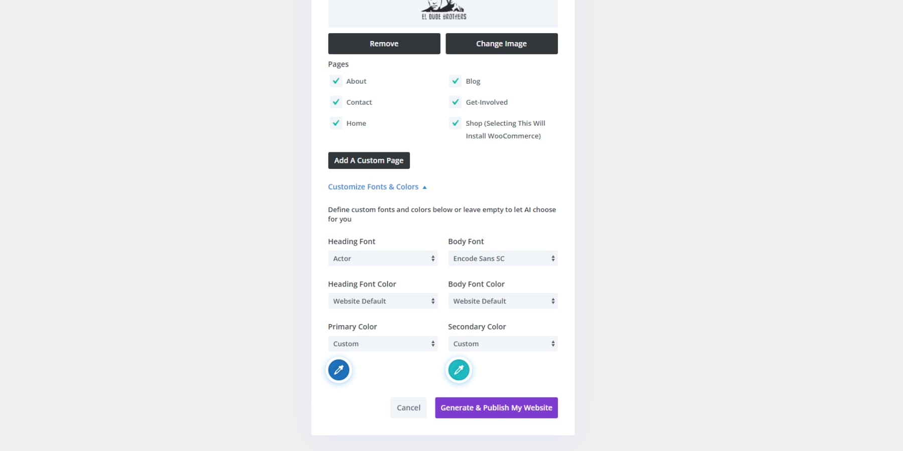 Tangkapan layar pengaturan warna dan font di Divi Quick Sites