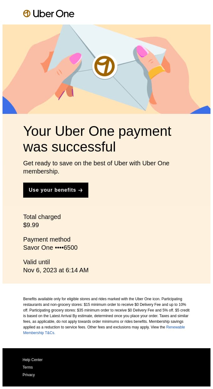 Uber 的精美交易电子邮件设计示例(图片来自Really Good Emails)