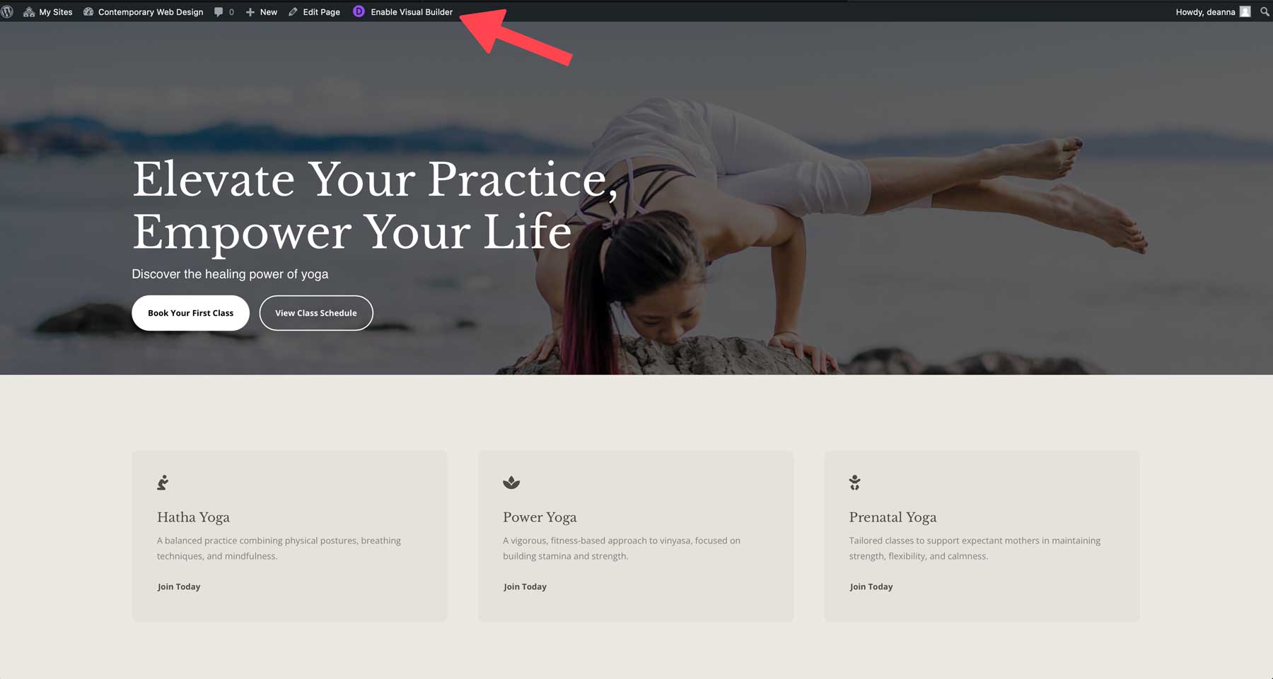 Sitio de inicio de yoga para Divi