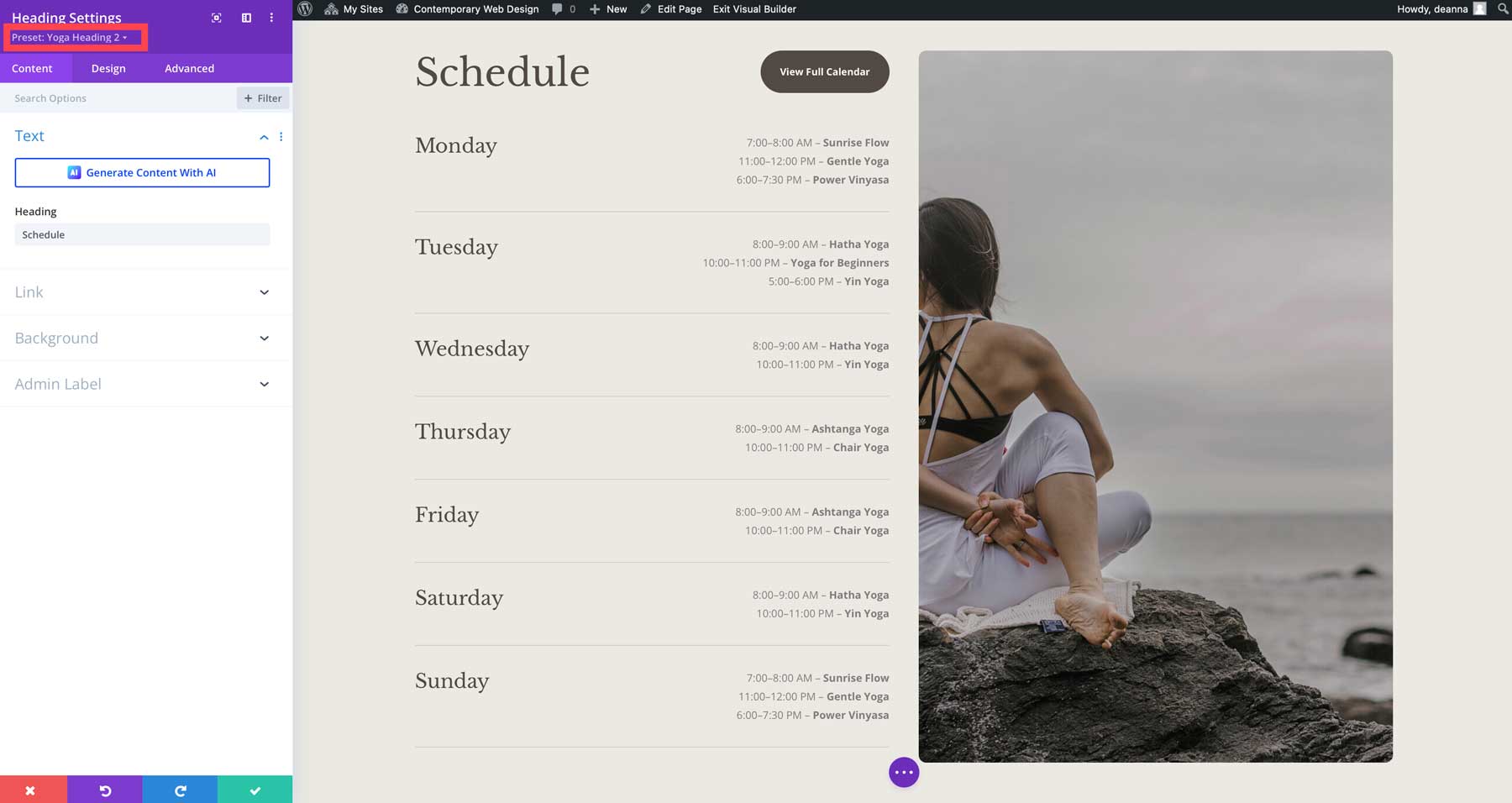 Sitio de inicio de yoga para Divi