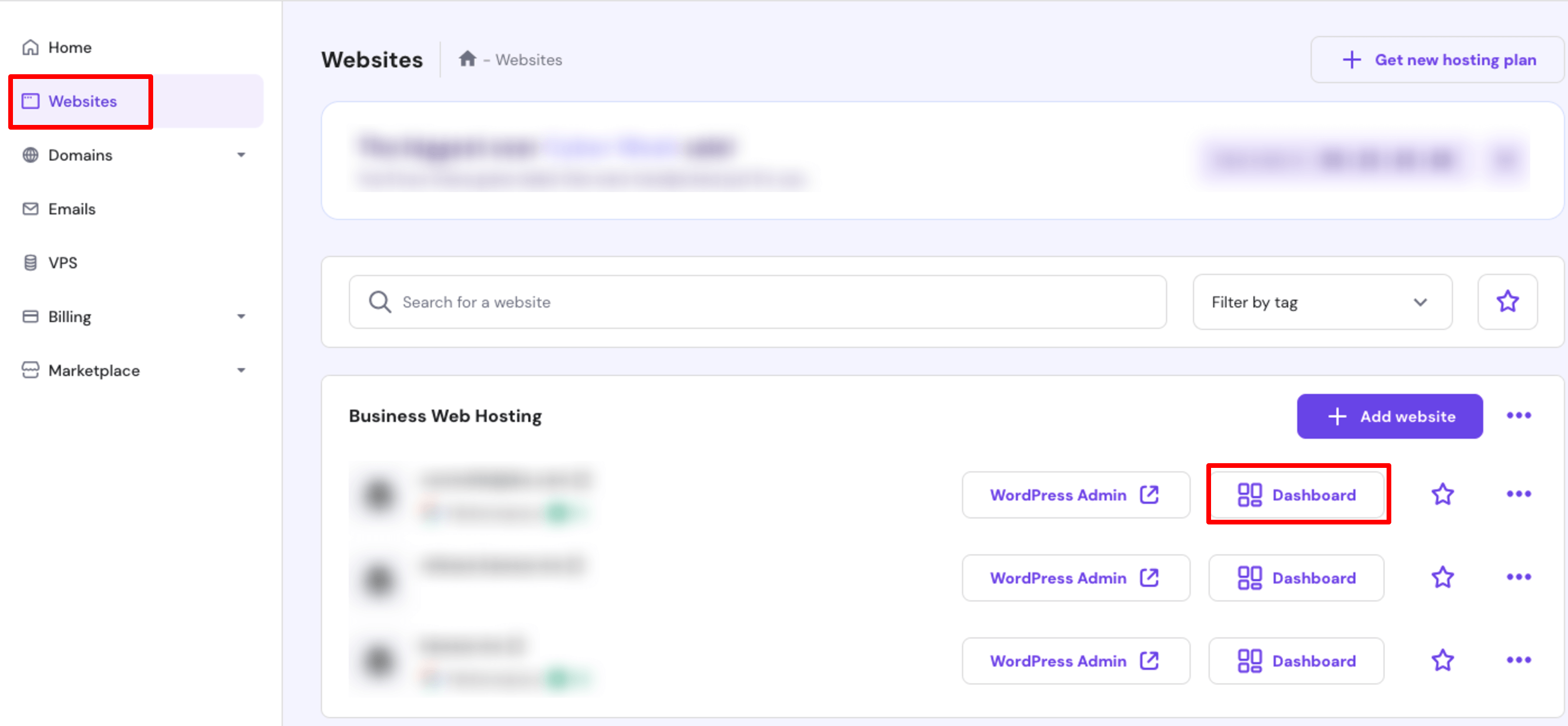 Bu resimde Hostinger hesabındaki web sitelerinin listesi gösterilmektedir