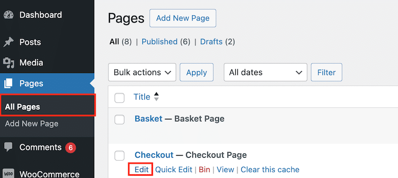 Il pulsante Modifica vicino alla pagina di pagamento per modificarla - Fonte: amministratore di My WordPress