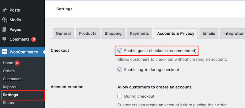 Consentire il checkout come ospite - Fonte: amministratore WooCommerce