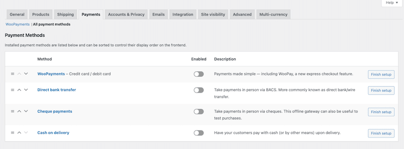 Aggiunta di più gateway di pagamento con WooCommerce - Fonte: amministratore del sito di prova My WooCommerce