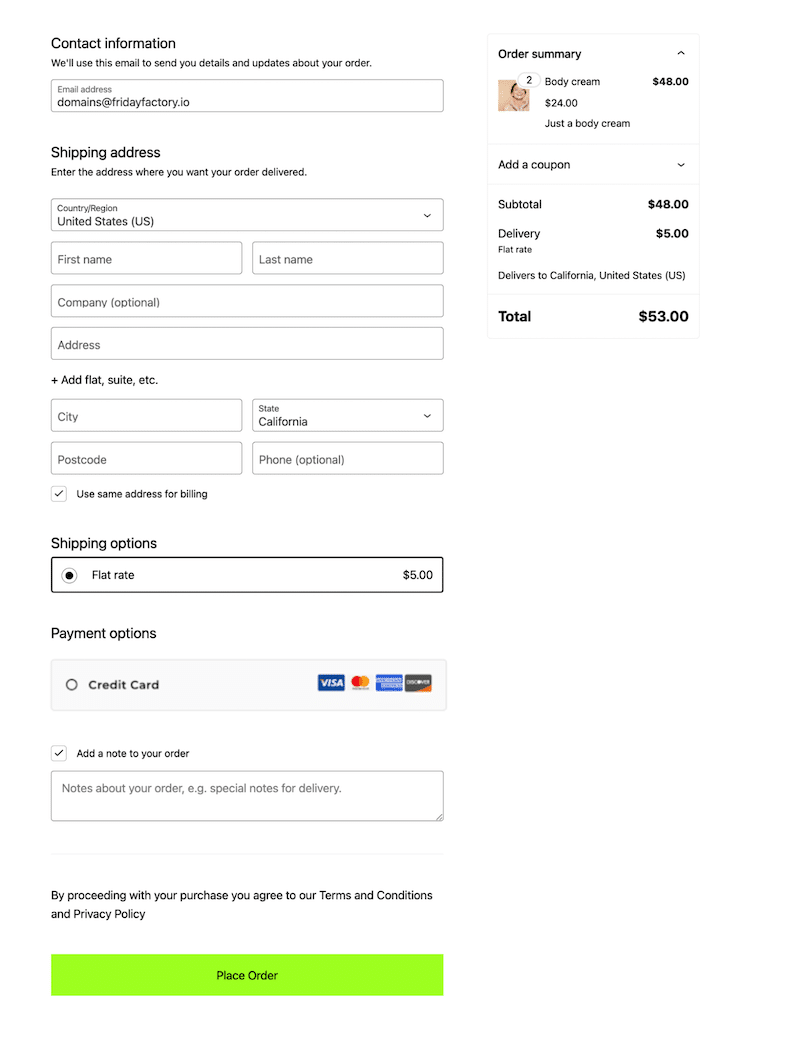 Pagina di pagamento WooCommerce predefinita che deve essere ottimizzata - Fonte: sito di test My WooCommerce