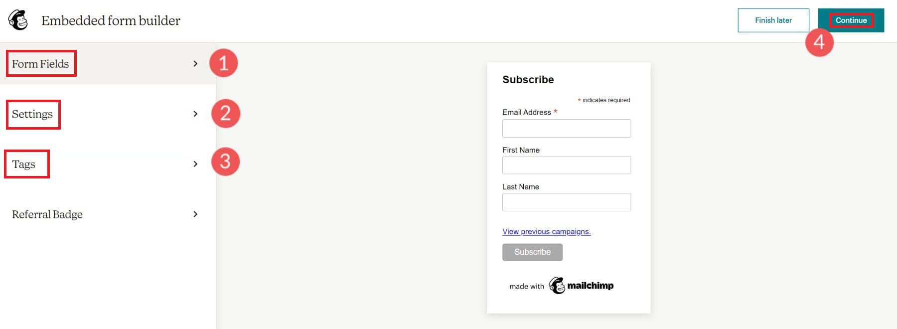 Schritt 4–7: Mailchimp-Einbettungsformular erstellen