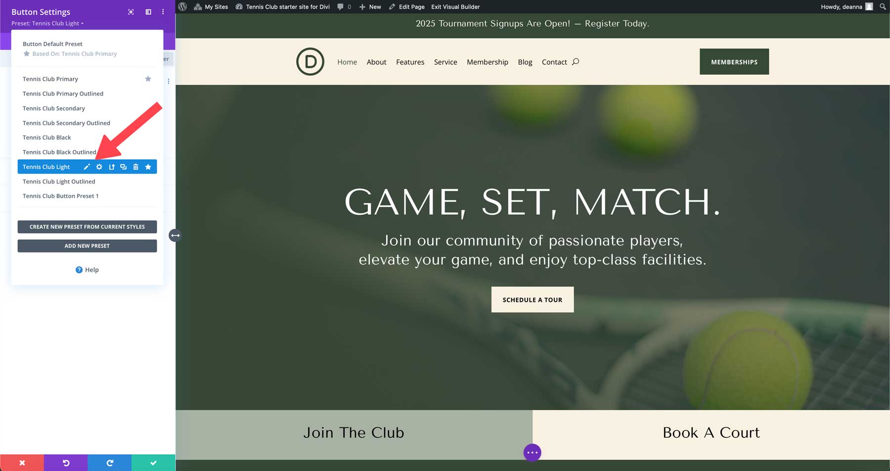 site-ul de start al clubului de tenis pentru Divi