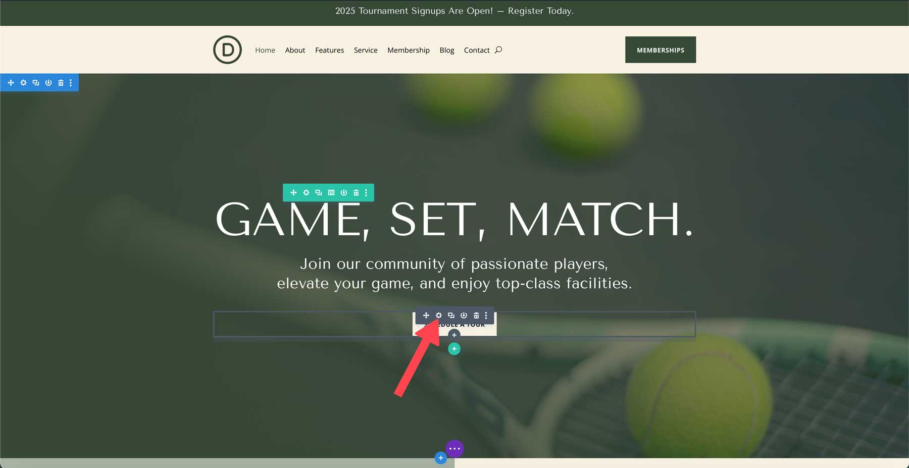 site-ul de start al clubului de tenis pentru Divi