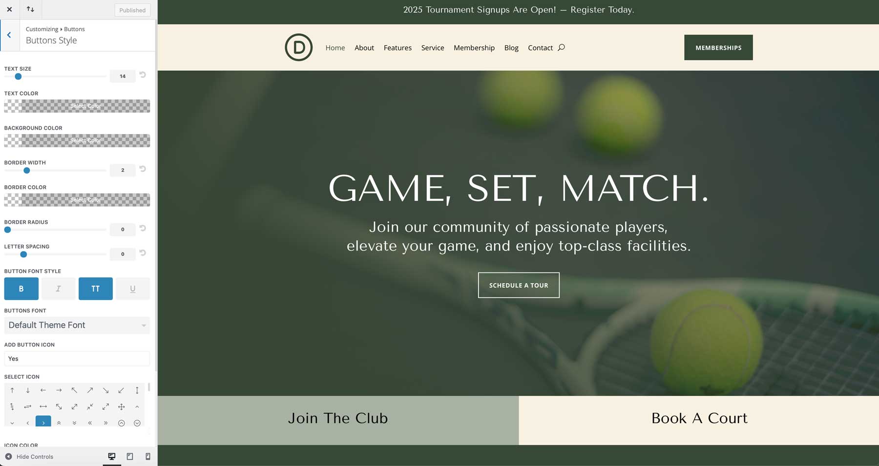 site-ul de start al clubului de tenis pentru Divi