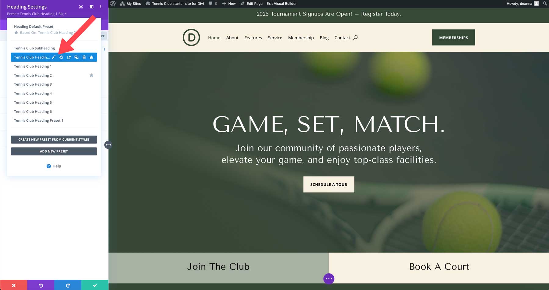 site-ul de start al clubului de tenis pentru Divi