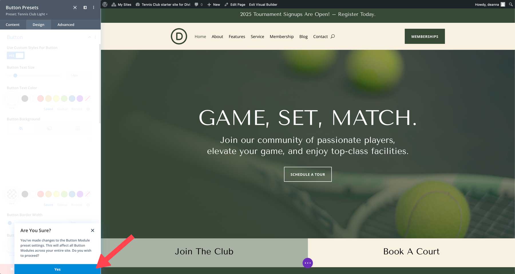 site-ul de start al clubului de tenis pentru Divi