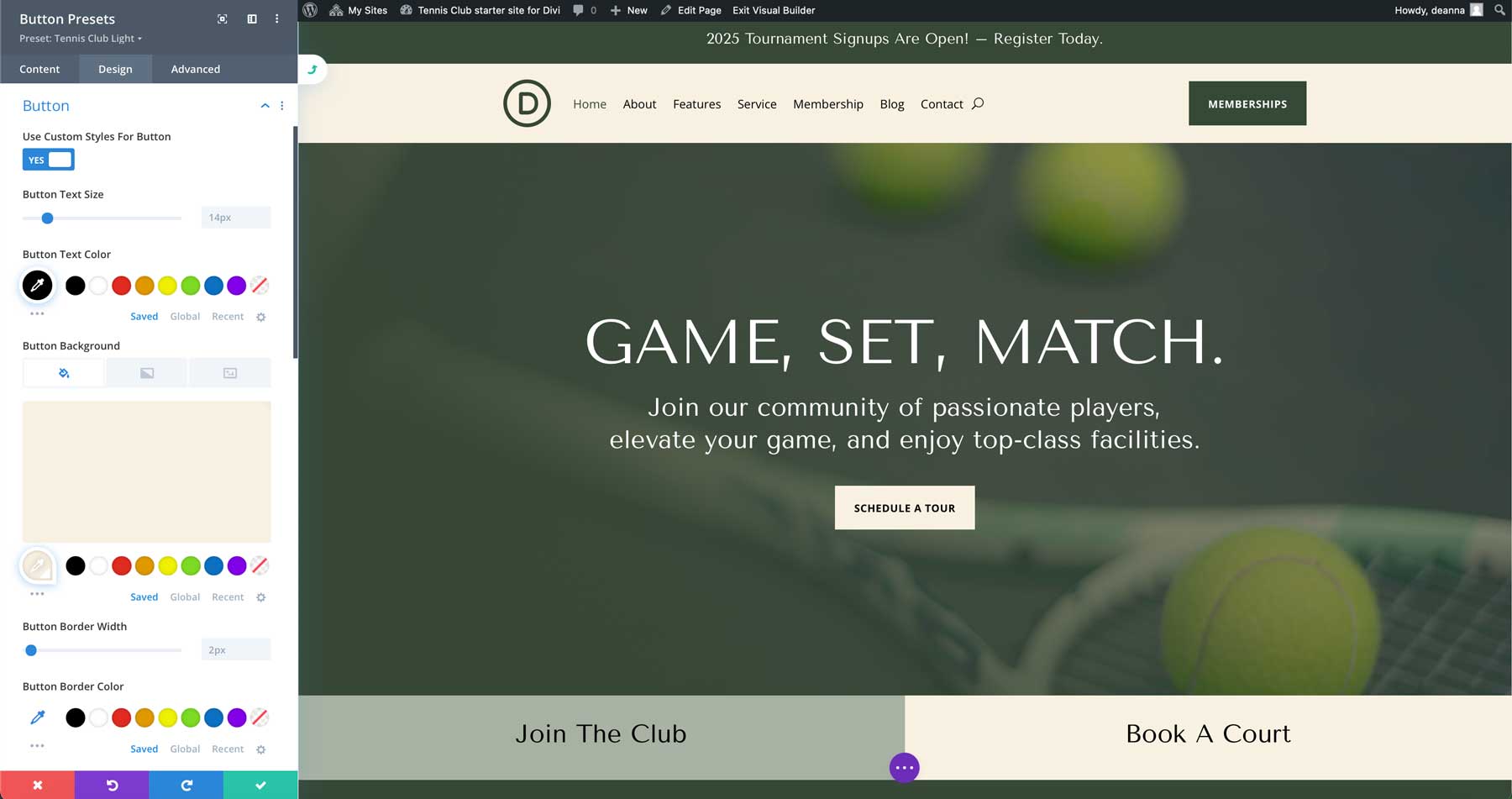 site-ul de start al clubului de tenis pentru Divi
