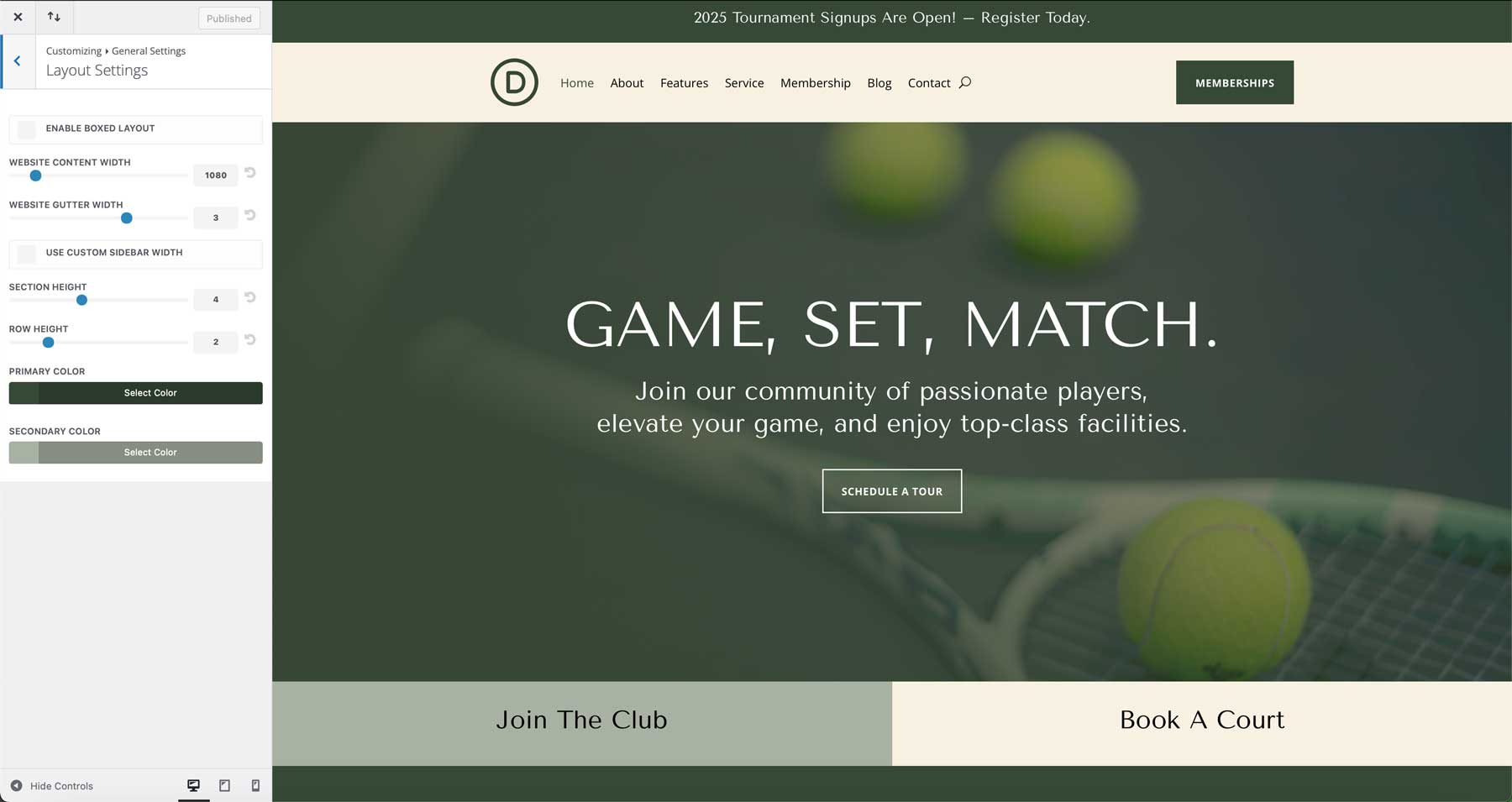 site-ul de start al clubului de tenis pentru Divi