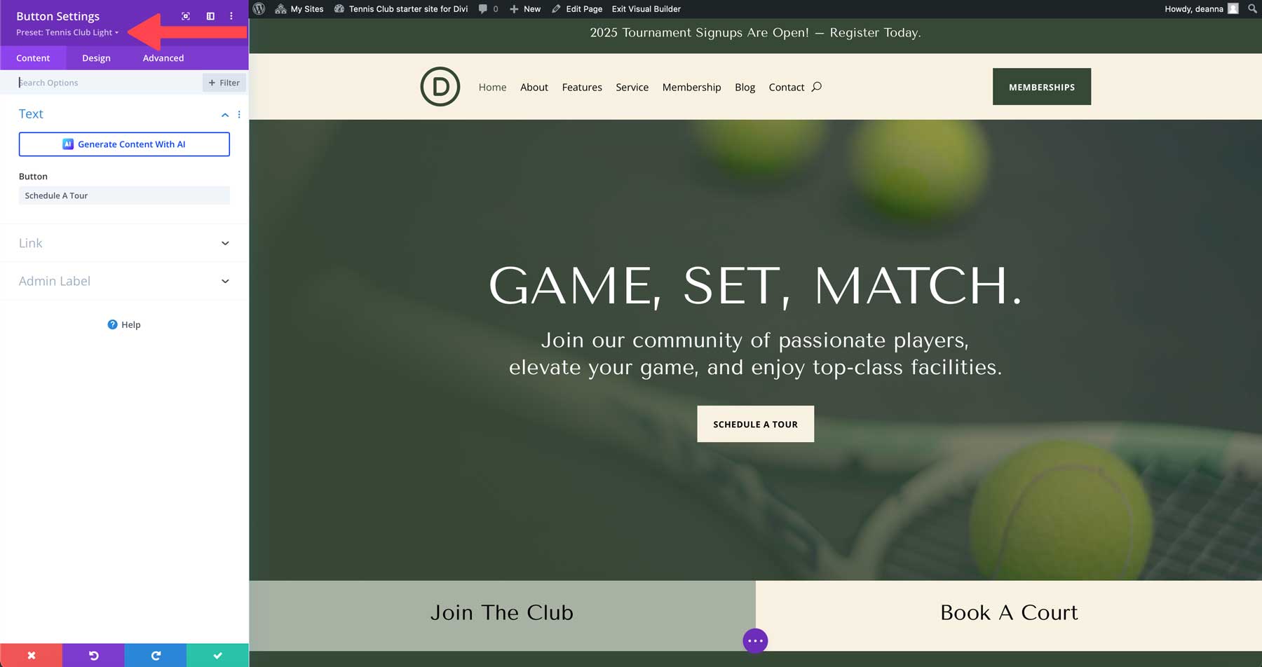 site-ul de start al clubului de tenis pentru Divi