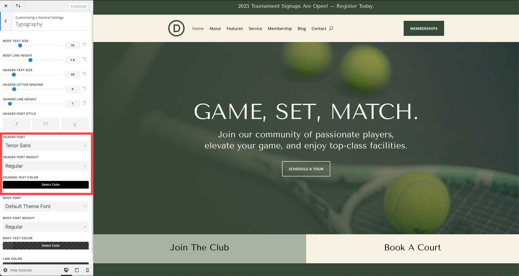 site-ul de start al clubului de tenis pentru Divi