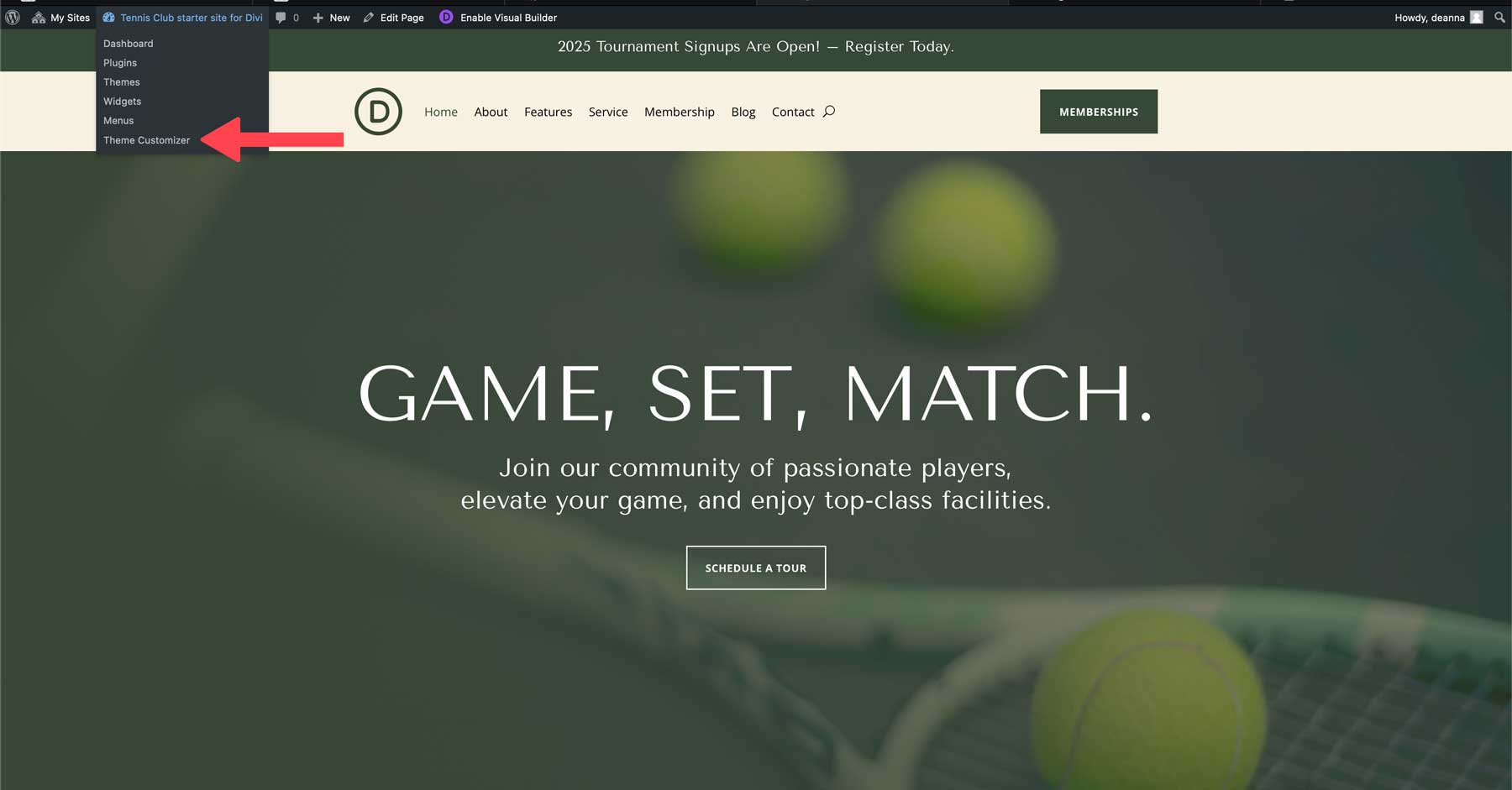 site-ul de start al clubului de tenis pentru Divi