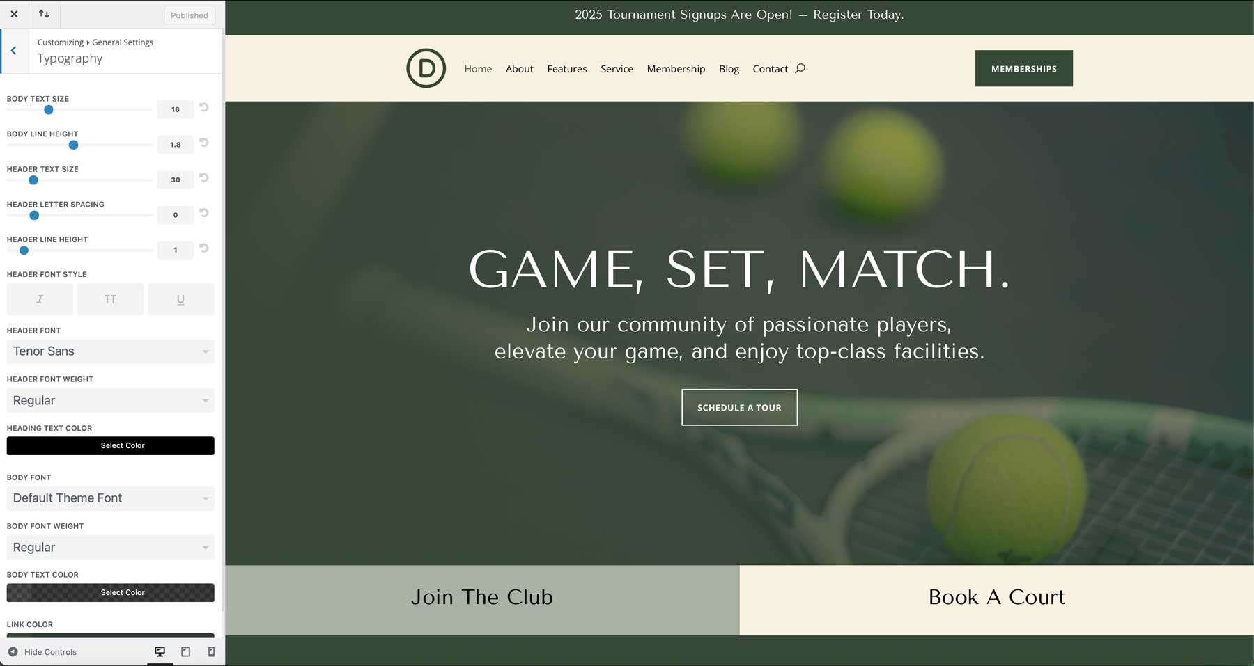 site-ul de start al clubului de tenis pentru Divi