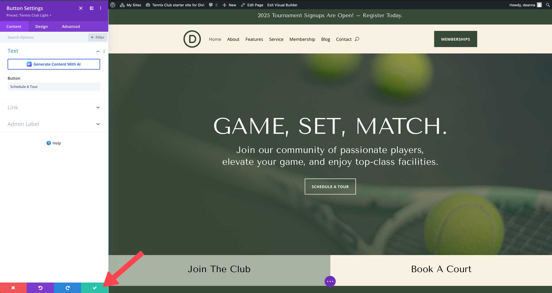 site-ul de start al clubului de tenis pentru Divi