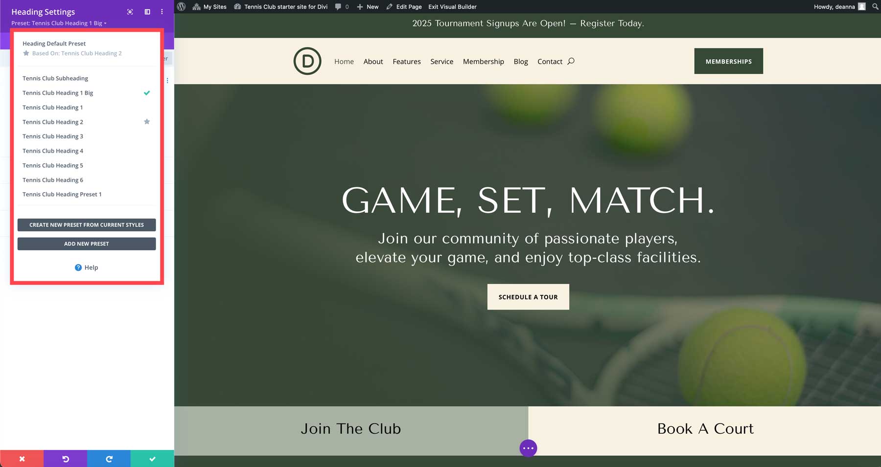 site-ul de start al clubului de tenis pentru Divi