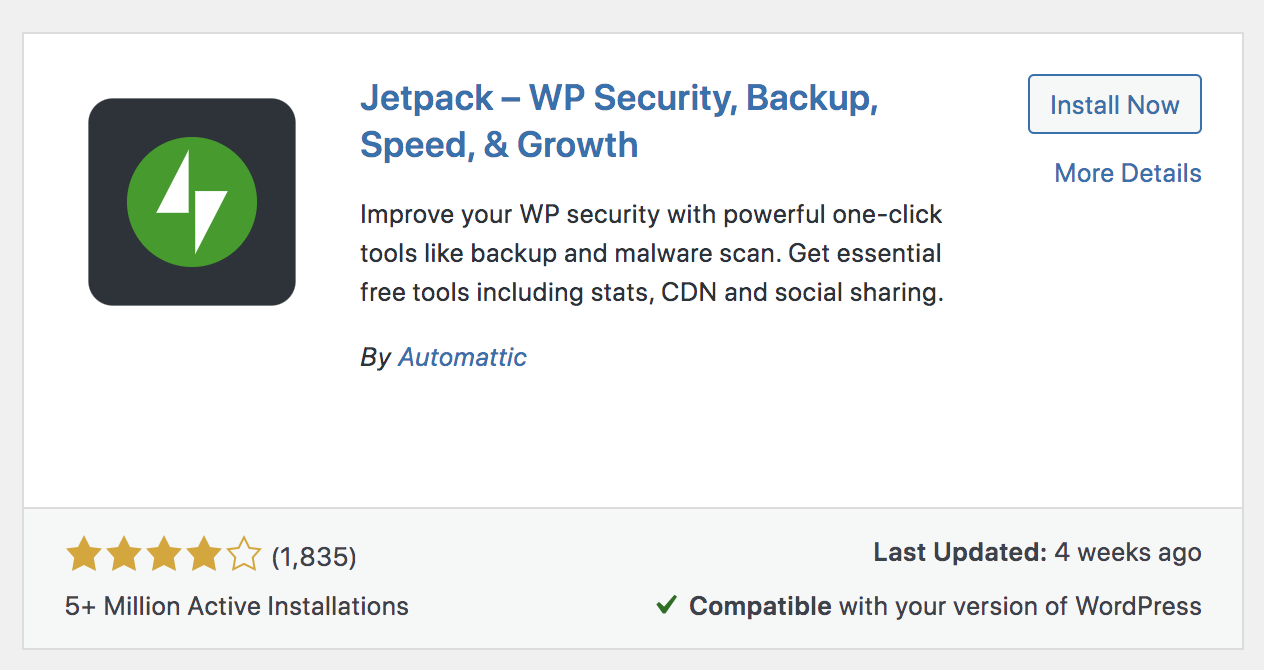 Jetpack โดย Automattic ดังที่แสดงจากที่เก็บปลั๊กอิน WordPress ที่ดูในแดชบอร์ด WordPress