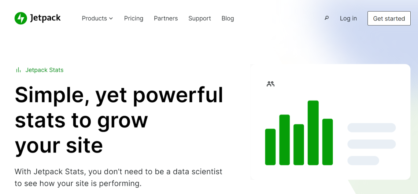 ฮีโร่หน้าแรกของ Jetpack Stats พร้อมชื่อเรื่อง ย่อหน้า และกราฟิกการแสดงภาพข้อมูล