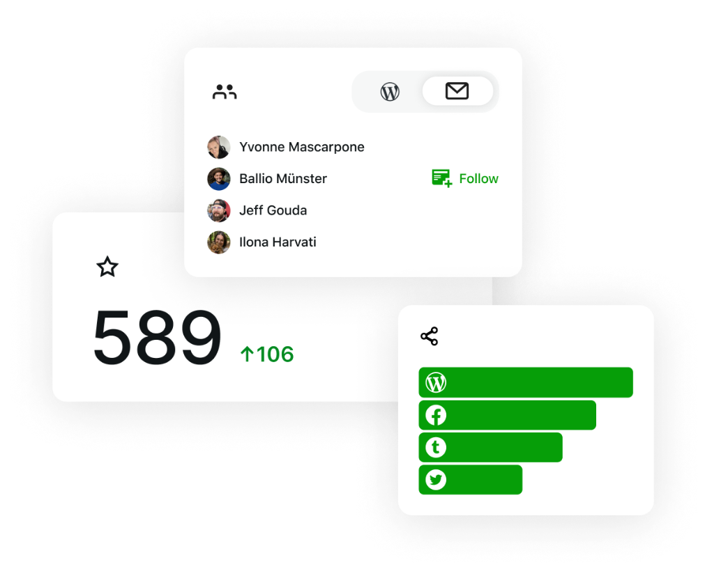 กราฟิกที่แสดง Jetpack Stats ตัวชี้วัดต่างๆ เช่น การดูหน้าเว็บและอัตราตีกลับ