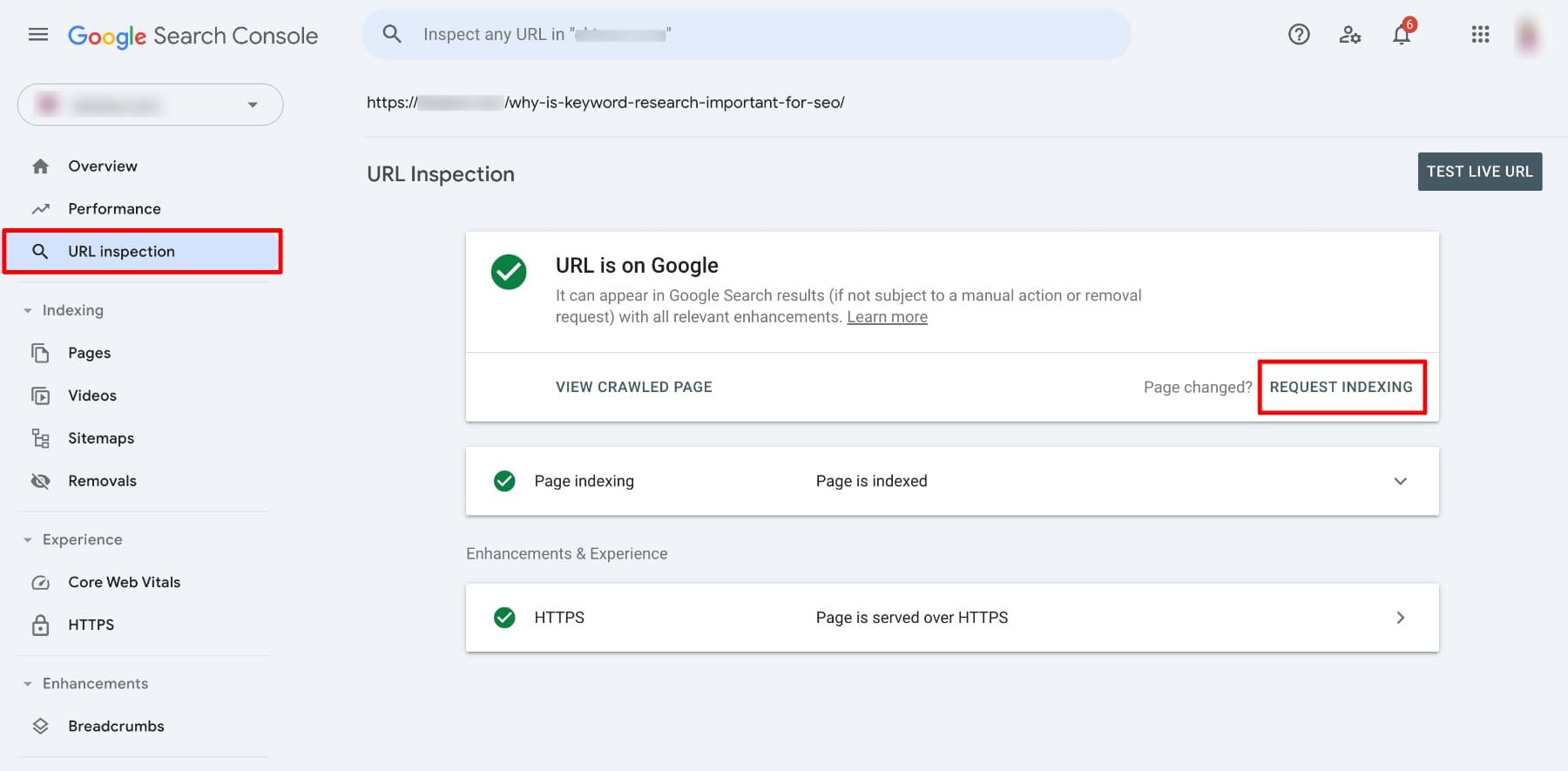 URL ดัชนีในคอนโซลการค้นหาของ Google